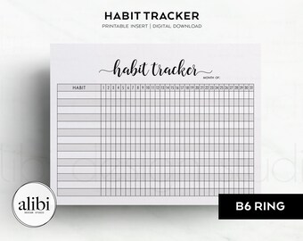 May include: A printable habit tracker with a black and white design. The tracker has a section for the month and a grid for 31 days. The text "habit tracker" is written in cursive at the top of the page.