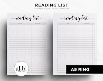 Puede incluir: Dos listas de lectura imprimibles blancas con el texto "reading list" en fuente cursiva. Cada lista tiene espacios para el título y el autor. El texto "READING LIST" y "PRINTABLE INSERT | DIGITAL DOWNLOAD" está en la parte superior.