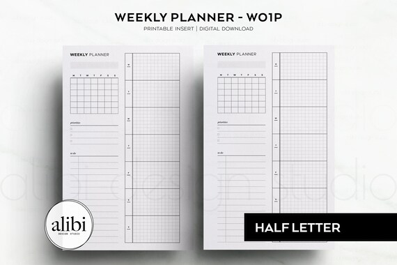 Half Letter Weekly Planner Week on 1 Page Monthly Calendar Week at a Glance Weekly Planner Dashboard Half Letter Printable Planner Inserts