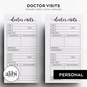 May include: Printable doctor visit log with sections for name, date, doctor, contact info, reason for visit, notes and questions, prescription, and next appointment. The printable has a black and white design with a grid pattern.