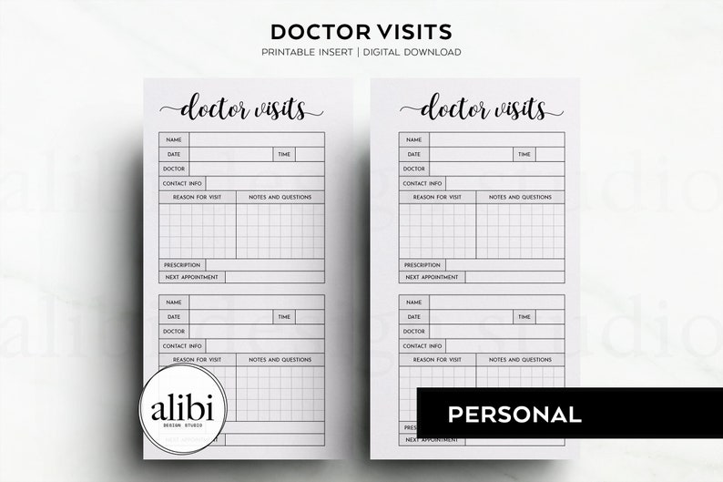 May include: Printable doctor visit log with sections for name, date, doctor, contact info, reason for visit, notes and questions, prescription, and next appointment. The printable has a black and white design with a grid pattern.