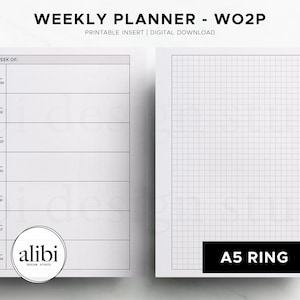 A5 Weekly Planner Printable | Week on Two Pages Layout | Horizontal Weekly + Grid Notes | Hobonichi Weeks Inspired Printable - Wo2P