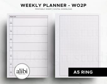 A5 Weekly Planner Printable | Week on Two Pages Layout | Horizontal Weekly + Grid Notes | Hobonichi Weeks Inspired Printable - Wo2P