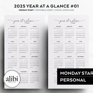 Personal 2025 Year at a Glance Planner Dashboard Printable Calendar | Instant Download Personal Printable Planner Inserts | MONDAY Start