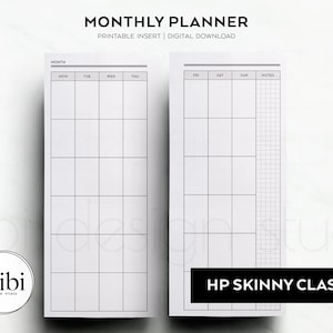 Könnte beinhalten: Schwarz-weißer druckbarer Monatskalender mit dem Text "MONTHLY PLANNER" und "HP SKINNY CLASSIC".
