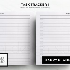 Könnte beinhalten: Zwei schwarz-weiße druckbare Aufgaben-Tracker-Seiten für einen Happy Planner. Die Seiten haben eine Spalte für die Priorität und eine Spalte für Aufgaben. Die Seiten sind oben mit "Task Tracker" beschriftet.