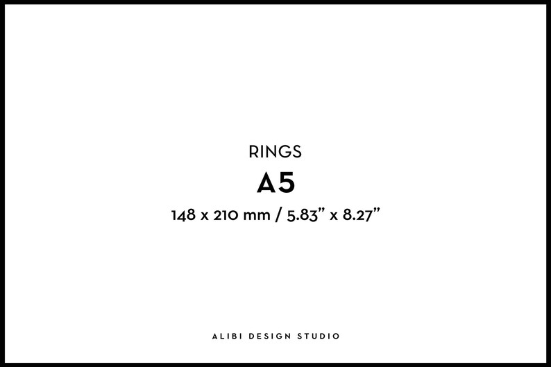 May include: White background with black text. The text reads "RINGS A5" with dimensions of 148 x 210 mm / 5.83" x 8.27". The bottom of the image has the text "ALIBI DESIGN STUDIO".