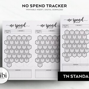 May include: Printable no-spend tracker with three calendar layouts. Each calendar has a honeycomb design with numbers 1-31. The calendars have sections for start date, end date, and goal. Each calendar also has a section for exceptions.