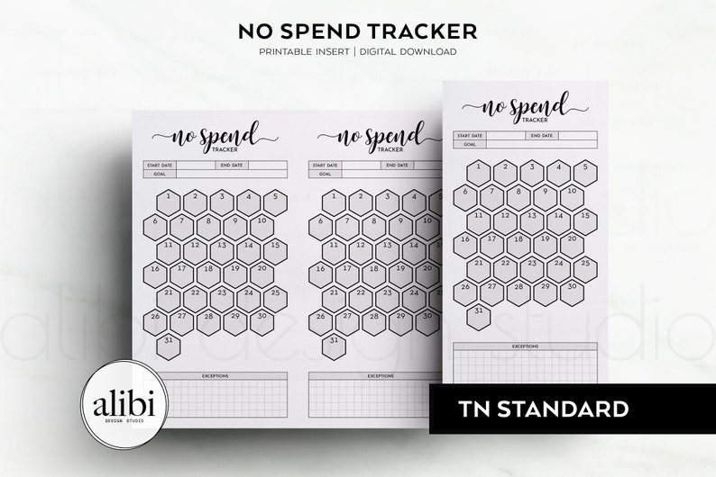 May include: Printable no-spend tracker with three calendar layouts. Each calendar has a honeycomb design with numbers 1-31. The calendars have sections for start date, end date, and goal. Each calendar also has a section for exceptions.