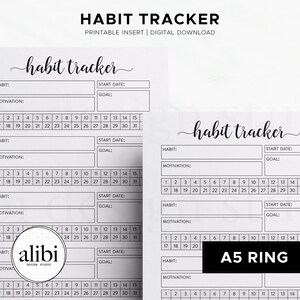 May include: White habit tracker printable inserts with the text "Habit Tracker" in a cursive font. The inserts include sections for habits, motivation, start dates, and goals, with a calendar grid for tracking progress. The A5 ring size is indicated.