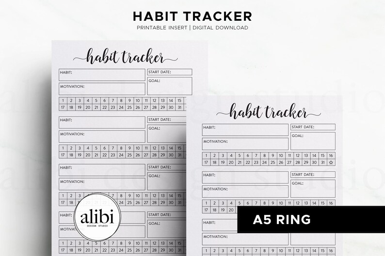 May include: White habit tracker printable inserts with the text "Habit Tracker" in a cursive font. The inserts include sections for habits, motivation, start dates, and goals, with a calendar grid for tracking progress. The A5 ring size is indicated.