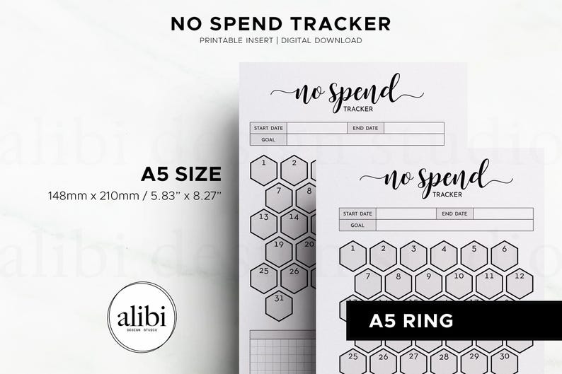 May include: A white "No Spend Tracker" printable insert with the text "no spend tracker" in a script font. The A5 size is 5.83" x 8.27". The design includes a honeycomb-shaped spending tracker with numbers.