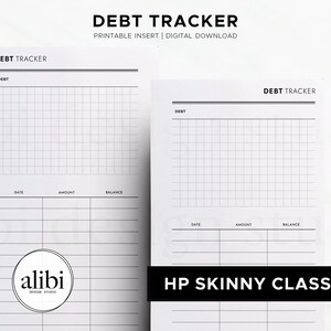 K&ouml;nnte beinhalten: Zwei wei&szlig;e, druckbare Schulden-Tracker-Einlagen mit schwarzem Text und Rasterlinien. Der obere Bereich ist mit DEBT TRACKER und DEBT beschriftet. Der untere Bereich enth&auml;lt Spalten f&uuml;r DATE, AMOUNT und BALANCE. Eine Einlage ist als HP SKINNY CLASSIC markiert.