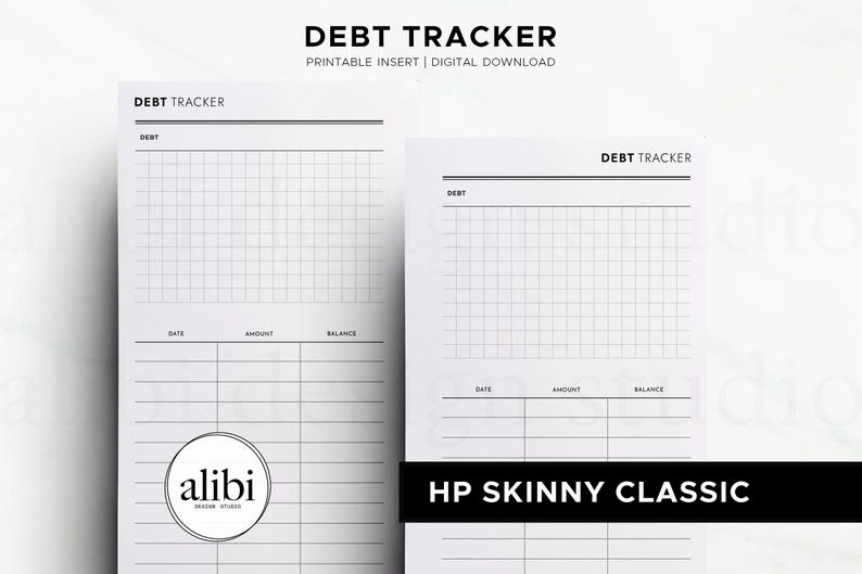 K&ouml;nnte beinhalten: Zwei wei&szlig;e, druckbare Schulden-Tracker-Einlagen mit schwarzem Text und Rasterlinien. Der obere Bereich ist mit DEBT TRACKER und DEBT beschriftet. Der untere Bereich enth&auml;lt Spalten f&uuml;r DATE, AMOUNT und BALANCE. Eine Einlage ist als HP SKINNY CLASSIC markiert.