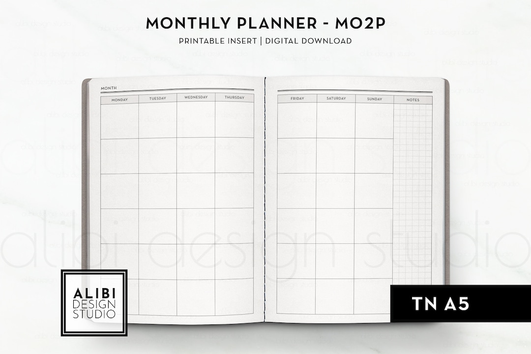 A5 TN, Monthly Planner Undated Calendar Month on 2 Pages A5 Travelers ...