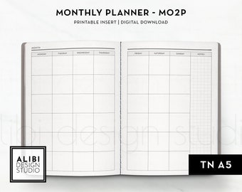 A5 TN, Monthly Planner Undated Calendar Month on 2 Pages A5 Travelers Notebook Printable Inserts Monthly Overview - Mo2P