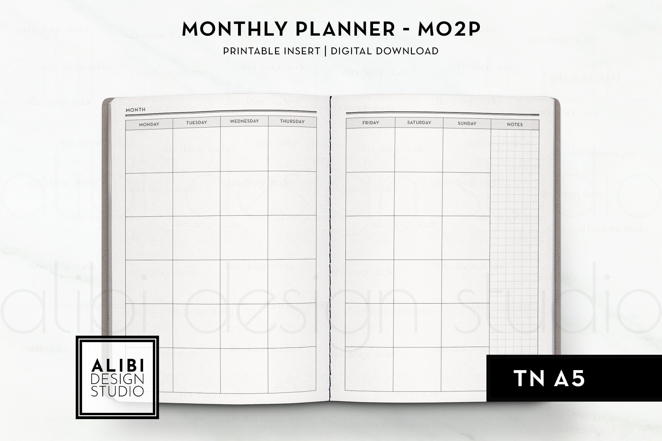 A5 TN, Monthly Planner Undated Calendar Month on 2 Pages A5 Travelers ...