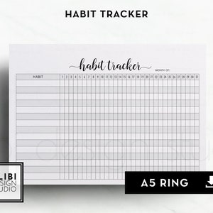 Op de afbeelding: Een wit A5-ringbandblad als gewoonte-tracker met een raster met een kolom voor gewoontes en eenendertig genummerde kolommen voor dagen. De koptekst bevat de tekst HABIT TRACKER en habit tracker in cursief schrift met ruimte voor de maand.
