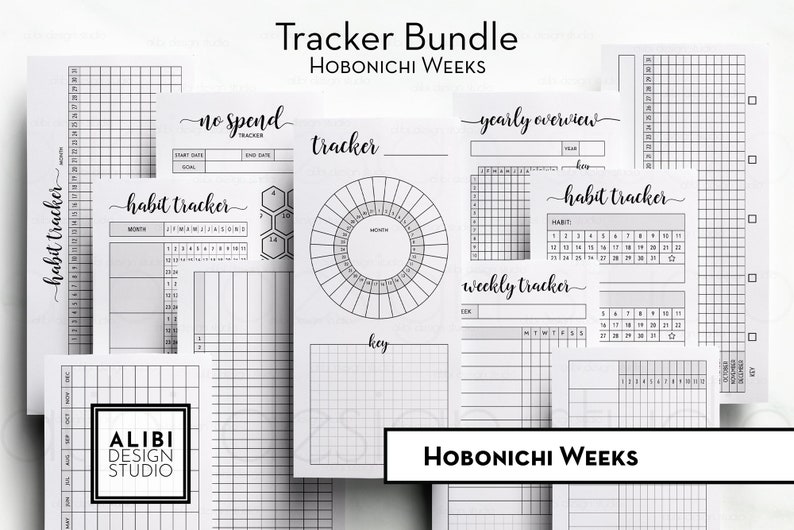 May include: A printable tracker bundle for Hobonichi Weeks planners. The bundle includes a habit tracker, a no spend tracker, a yearly overview, a weekly tracker, and a key. The trackers are black and white and have a minimalist design.