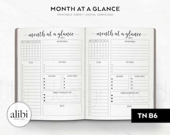 May include: A black and white printable planner insert titled Month at a Glance. The two-page layout features a calendar grid, sections for appointments, to-do lists, top goals, birthdays, special events, things I'm grateful for, and notes.