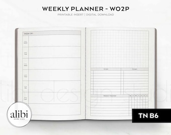 May include: An open weekly planner insert with the text WEEKLY PLANNER - WO2P PRINTABLE INSERT | DIGITAL DOWNLOAD. The left page features daily rows for Monday through Sunday. The right page includes a grid section, to-do and to-buy lists, and a weekly tracker.
