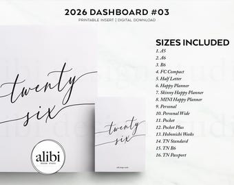 2026 Planner Dashboard Printable | Minimalist Decorative Insert for A5 Personal Hobonichi Weeks Travelers Notebooks | Instant Download #D03