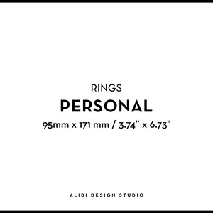 May include: A black and white graphic design with the text "RINGS PERSONAL 95mm x 171 mm / 3.74" x 6.73" ALIBI DESIGN STUDIO".