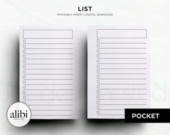 Insertion pour liste de poche - Liste de tâches, liste de courses, liste d'épicerie, feuillets imprimables pour agenda de poche
