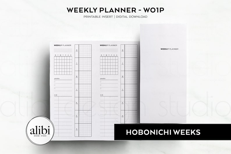 May include: Printable weekly planner insert for Hobonichi Weeks. The planner has two pages with a grid layout and space for notes and tasks. The text "WEEKLY PLANNER - WO1P" is at the top of the page.