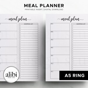 A5 Meal Planner Shopping List Weekly Meal Planner, A5 Menu Planner Printable Insert Grocery List | A5 Food Planner