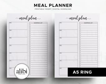 A5 Meal Planner Shopping List Weekly Meal Planner, A5 Menu Planner Printable Insert Grocery List | A5 Food Planner