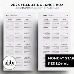 Personal 2025 Year at a Glance Planner Dashboard Printable Calendar | Instant Download Personal Printable Planner Inserts | MONDAY Start