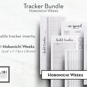 May include: A set of 11 printable tracker inserts for Hobonichi Weeks planners. The inserts are designed to fit the 3.25" x 7" size of the Hobonichi Weeks planner. The inserts include a habit tracker, a no spend tracker, and a monthly tracker.