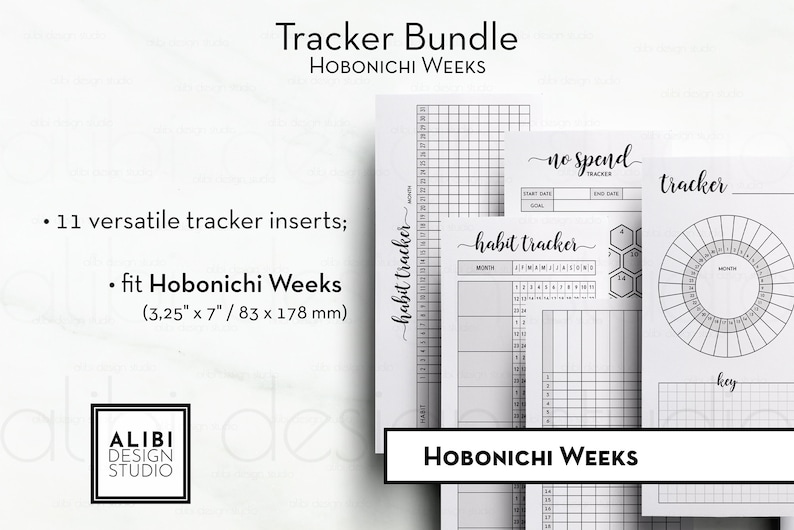 May include: A set of 11 printable tracker inserts for Hobonichi Weeks planners. The inserts are designed to fit the 3.25" x 7" size of the Hobonichi Weeks planner. The inserts include a habit tracker, a no spend tracker, and a monthly tracker.
