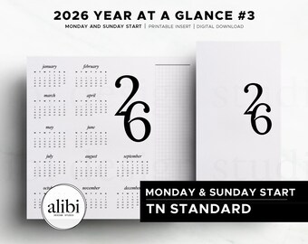 Printable Standard TN 2026 Calendar Year at a Glance Travelers Notebook Planner Insert | Instant Download PDF | Monday and Sunday Start