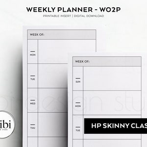 May include: Two printable weekly planner pages with the text "WEEKLY PLANNER - WO2P" and "HP SKINNY CLASSIC" at the top. The pages are divided into seven days of the week, with space for writing.