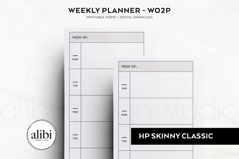 May include: Two printable weekly planner pages with the text "WEEKLY PLANNER - WO2P" and "HP SKINNY CLASSIC" at the top. The pages are divided into seven days of the week, with space for writing.