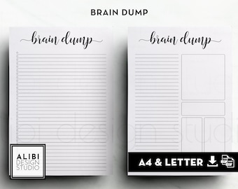 May include: Two white paper templates labeled Brain Dump. The left sheet features a list with bullet points and horizontal lines. The right sheet includes a section with horizontal lines and three blank rectangular boxes for notes.