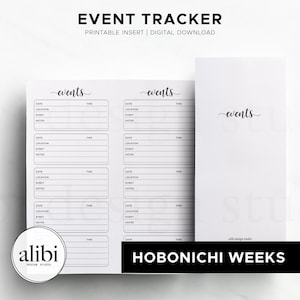 Könnte beinhalten: Ein weißer, druckbarer Event-Tracker-Einsatz für Hobonichi Weeks. Das Design umfasst Bereiche für Datum, Ort, Ereignis und Notizen. Die Wörter "Event Tracker" und "events" sind in einer Schreibschrift geschrieben.