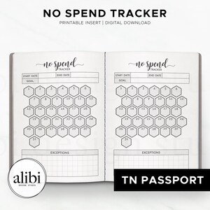 May include: Open notebook with a "No Spend Tracker" design. The pages feature a honeycomb-style calendar with numbered cells for tracking expenses. The text "Printable Insert | Digital Download" is at the top. The notebook is labeled "TN PASSPORT".