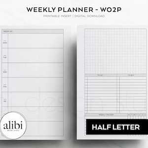 Planificador semanal de media letra, semana en 2 páginas, insertos de planificador imprimibles de media página, rastreador de hábitos, planificador semanal horizontal con tapa de disco