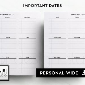 Personal WIDE Important Dates Yearly Overview Birthday Calendar, Future Log PW Printable Planner Inserts Financial Planner Upcoming Expenses