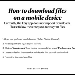 Op de afbeelding: Een instructieve afbeelding met zwarte tekst op een witte achtergrond getiteld How to download files on a mobile device. Het legt uit dat de Etsy-app geen downloads ondersteunt en geeft vijf genummerde stappen om bestanden te openen.