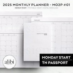 Passport TN 2025 maandplanner maand op twee pagina's - Mo2P afdrukbare planner Travelers Notebook 2025 kalenderinzetstukken | MAANDAG Start