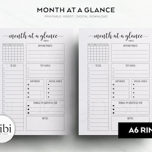 A6 Monthly Planner Monthly Dashboard A6 Printable Planner Inserts Month on One Page Monthly Overview | Birthday Calendar - Mo1P