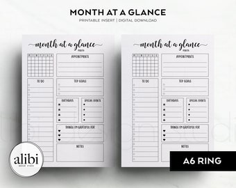 A6 Monthly Planner Monthly Dashboard A6 Printable Planner Inserts Month on One Page Monthly Overview | Birthday Calendar - Mo1P
