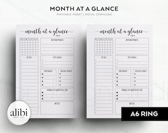 Planificador mensual A6, Panel de control mensual, Insertos imprimibles para planificador A6, Mes en una página, Resumen mensual / Calendario de cumpleaños - Mo1P