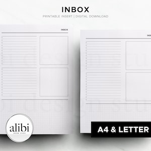 May include: Two white printable planner inserts labeled "INBOX" with lined sections and boxes for notes. The top of the inserts read "INBOX" and "PRINTABLE INSERT | DIGITAL DOWNLOAD". One insert has a logo that reads "alibi DESIGN STUDIO" and the other reads "A4 & LETTER".