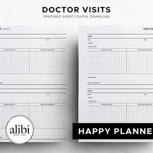 Peut inclure: Deux inserts de planificateur imprimables blancs "Visites chez le médecin". Chaque page comporte des sections pour le nom, la date, le médecin, les coordonnées, la raison de la visite, les notes et les questions. Le haut de la page indique "Visites chez le médecin".