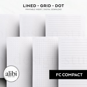Puede incluir: Cinco páginas de cuaderno imprimibles con diferentes estilos: rayadas, cuadriculadas y de puntos. Las páginas son todas blancas y tienen líneas o puntos negros. El texto "FC COMPACT" está en la parte inferior de la página.
